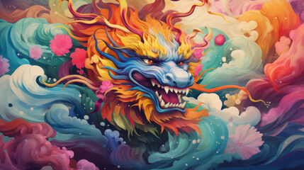 Fototapeta na wymiar A rainbow color dragon chinese new year zodiac background