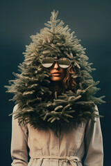 Surrealistic mysterious portrait of a young woman wearing a frozen Christmas tree on her head and sunglasses on a dark background.I