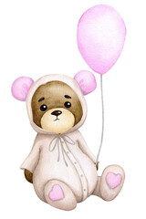 Cute little bear in pajamas with a balloon. Children's watercolor illustration. Baby shower, birthday, children's party. Design element for invitations, packaging, greeting cards, logos, labels, etc.
