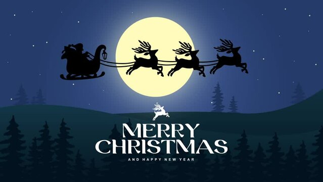 Animation of Santa Claus flying in his carriage at night, with a very beautiful view of the moon