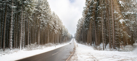 Road through a snow covered forest, slippery and frosty street in winter, empty highway in cold...