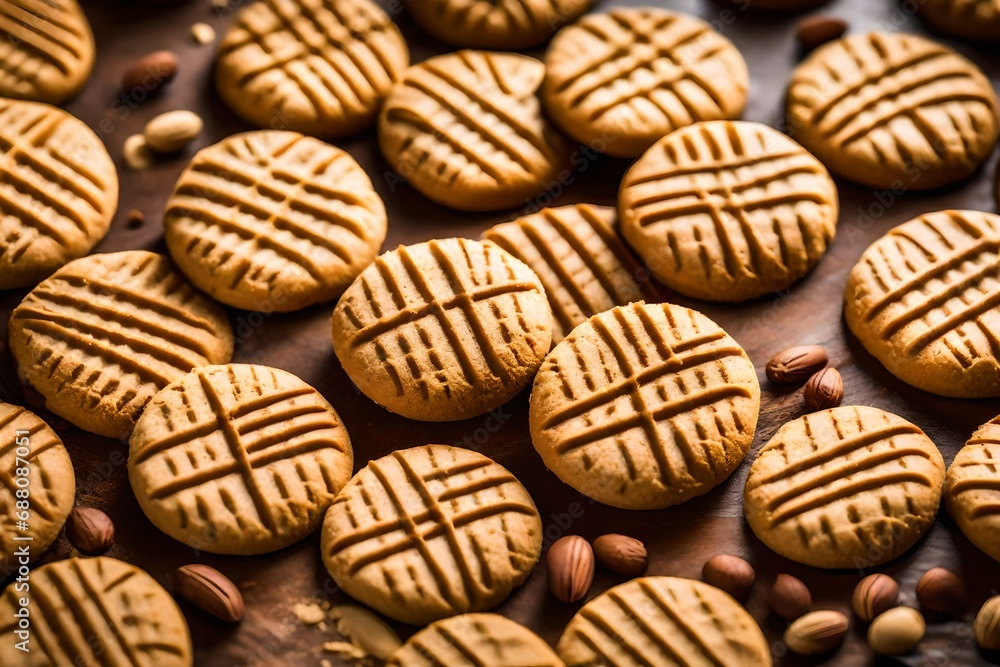 Poster a macro shot of peanut butter cookies with crosshatch patterns, highlighting the rich texture and nu