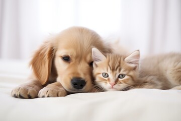 Cute golden retriever dog with kitten