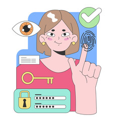 Digital security concept. Woman showcasing advanced biometric verification, fingertip scanning, and password protection. Monitoring personal data safety. Flat vector illustration.