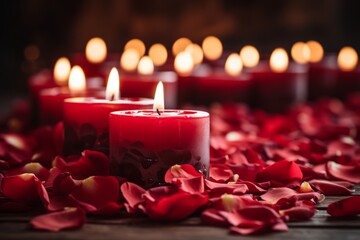 A trail of red rose petals leading to a group of lit candles. The candles are set against a dim, soft-focus background, creating a romantic and cozy atmosphere - obrazy, fototapety, plakaty