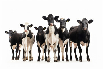 Front view of a small herd of black and white Friesian cows, isolated on a white background