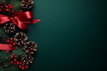 Minimalist Christmas background, featuring a simple red and green holiday design with pinecones and a ribbon, balanced composition leaving ample copyspace