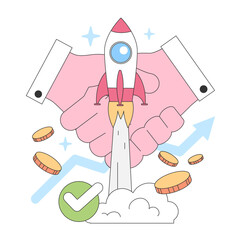 Startup Success concept. Rocket launch from a clenched fist, coins and growth arrows, signifying business growth and entrepreneurial triumph. Flat vector illustration.