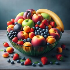 A digital illustration of a fruit bowl with a variety of colorful fruits. The fruits in the bowl include apples, bananas, strawberries, blueberries, peaches, plums, and apricots.