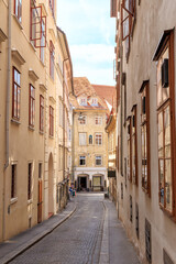 Graz, Austria - July 19, 2019: The historic city center. Abraham-a-Santa-Clara-Gasse Street