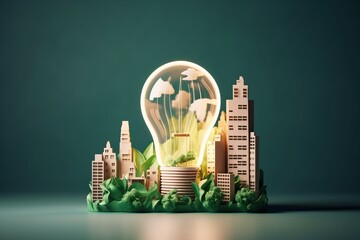 Revolutionizing Energy A Paper Cut Light Bulb with a Green Eco City Carbon Neutrality Reducing Greenhouse Gas Emissions Renewable Energy Creative Saving Ideas - obrazy, fototapety, plakaty