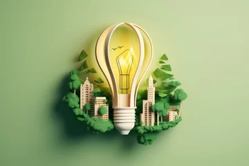Foto op Aluminium Revolutionizing Energy A Paper Cut Light Bulb with a Green Eco City Carbon Neutrality Reducing Greenhouse Gas Emissions Renewable Energy Creative Saving Ideas © ParinApril
