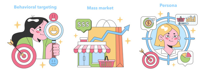 Marketing Strategies set. Behavioral targeting precision, expansive reach of mass market, persona analysis for business insight. Consumer-centric campaigns, audience segmentation.