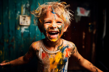 Obraz premium The happy little boy dirty with paint, yellow, blue, blonde, colorfull