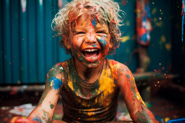 The happy little boy dirty with paint, yellow, blue, blonde, colorfull