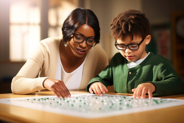 Braille lesson in inclusive elementary, primary school. Teacher and visually impaired child in glasses. Fostering early literacy through tactile learning. World Braille Day concept - Powered by Adobe