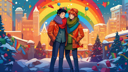 A pride couple in winter in rainbow colors