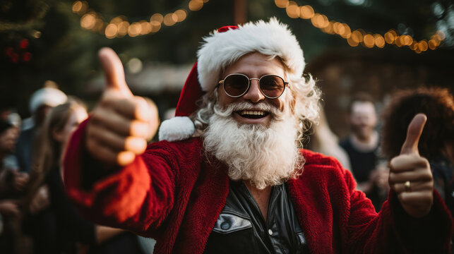 Joyful Santa Claus-themed party, with people dressed in Santa costumes, festive decorations, and a Christmas tree in the background, capturing the holiday spirit,