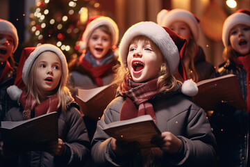 coro de niños cantantes con gorro de papa noel , cantando villancicos en un coro navideño con fondo desenfocado de decoraciones y arbol de navidad - obrazy, fototapety, plakaty