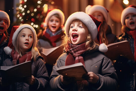 coro de niños cantantes con gorro de papa noel , cantando villancicos en un coro navideño con fondo desenfocado de decoraciones y arbol de navidad