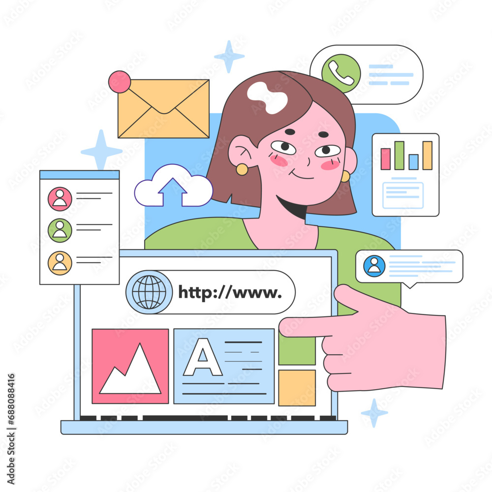Poster digital workspace exploration. woman navigates a vibrant interface with cloud uploads, messages, and