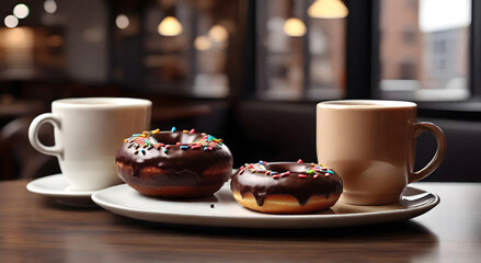 Real photo of chocolate donuts and coffee cups on a wooden table by the window - obrazy, fototapety, plakaty