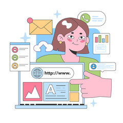 Digital workspace exploration. Woman navigates a vibrant interface with cloud uploads, messages, and analytics. Engaging with online resources and communication. Flat vector illustration