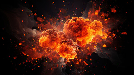 Fototapeta na wymiar Realistic Fiery Explosion: Dynamic Motion of Blazing Flames and Sparks Over a Dramatic Black Background - Powerful Pyrotechnics Captured in Vibrant Detail.