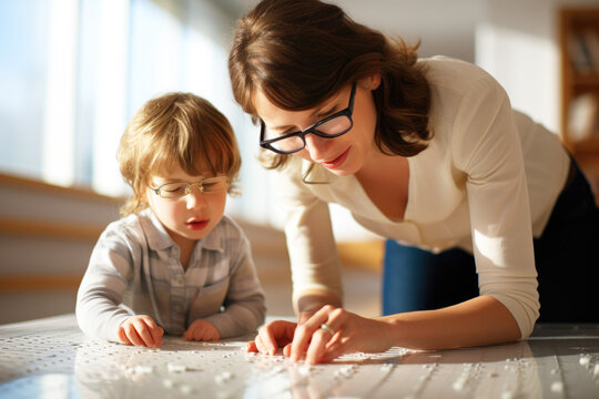 Early learning for the partially sighted. Child in glasses explore the text of braille with a preschool teacher in a friendly environment in the inclusive kindergarten. World Braille Day concept