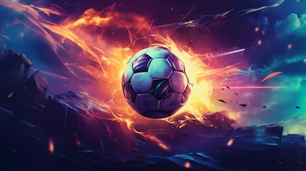 Fotobehang Synthwave soccer ball in fire © Andreas