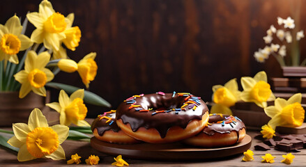 Real photo of chocolate donuts in a wooden container next to narcissus flowers on the table