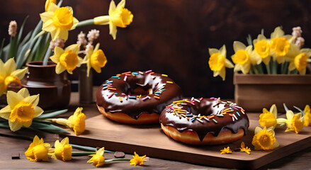  Real photo of chocolate donuts in a wooden tray on the table next to beautiful narcissus flowers, AI generated