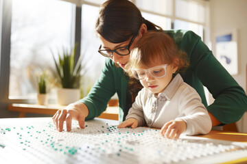 Preschool teacher introduces braille to little child learner in glasses, creating an inclusive space for visually impaired children to thrive academically. World Braille Day concept