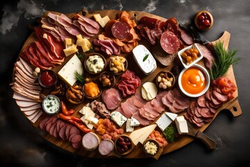 A meticulously arranged charcuterie board, featuring an assortment of cured meats, artisan cheeses,...