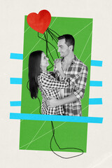 Vertical creative collage image black white effect pretty young family man woman hug look heart paint doodle unusual white green background