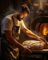 a baker putting bread into the oven - obrazy, fototapety, plakaty