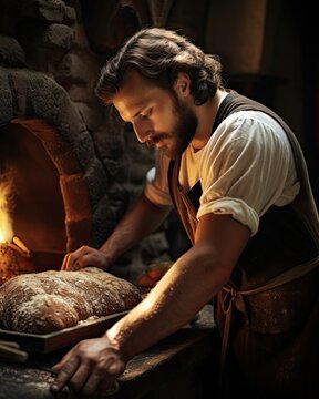 A Baker Putting Bread Into The Oven