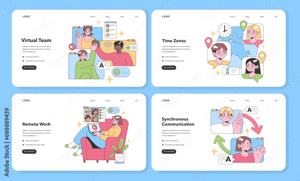 Aufkleber engaging visuals showcasing virtual team operations, addressing remote work, navigating time zones, 
