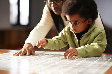 Visually impaired african ethnicity kid in glasses at a braille-friendly, inclusive nursery, guided...