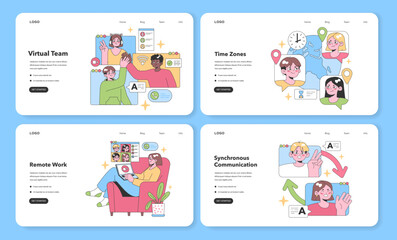 Obraz na płótnie Canvas Engaging visuals showcasing virtual team operations, addressing remote work, navigating time zones, and enhancing synchronous communication. Flat vector illustration, web or landing