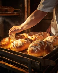 Fotobehang Bakkerij a baker putting bread into the oven
