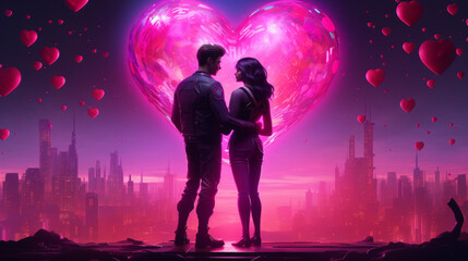 A couple in love at full moon in synthwave colors