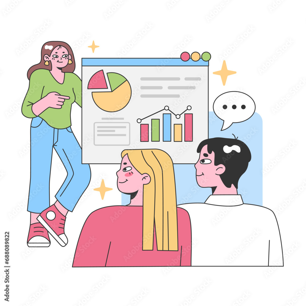 Poster Engaging presentation by a young woman showcasing data to attentive listeners. Bright and interactive learning environment with pie charts, growth graphs and playful elements. Collaborative discussion