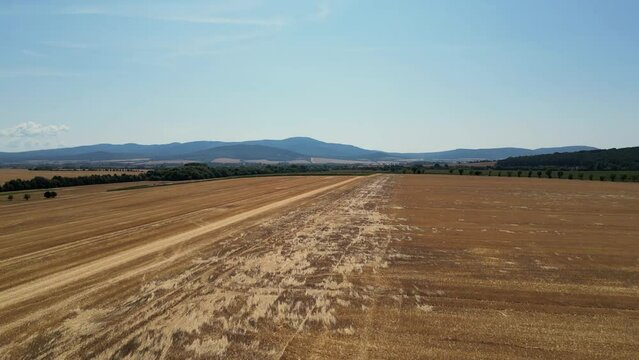 Flying over tractor with harrow system plowing ground on cultivated farm field. Industrial footage on agricultural theme. Agriculture in European country Slovakia. Blue Mountains in the background.
