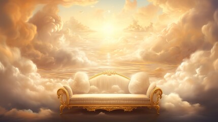 Generative AI, Golden and white fantastic 3d clouds with sofa in the sky. Gentle colors and with bright lights.	
