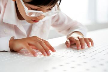 Visually impaired child in glasses on a Braille lesson in a modern inclusive elementary, primary school. Fostering early literacy through tactile learning. World Braille Day concept. Close up