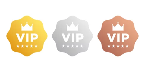 Fotobehang VIP badges in gold, silver and bronze color. Vector vip emblem sticker attractive set. © Khuki