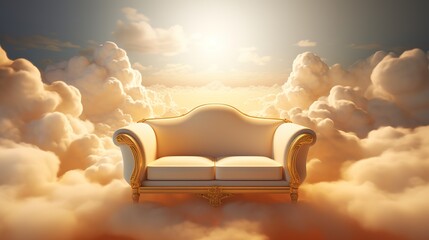 Generative AI, Golden and white fantastic 3d clouds with sofa in the sky. Gentle colors and with bright lights.	
