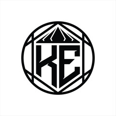 KE Letter Logo monogram hexagon slice crown sharp shield shape isolated circle abstract style design