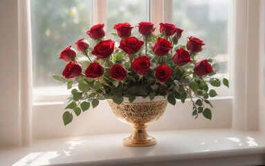 Arreglo florar hecho con rosas junto a una ventana  en el interior de una habitación 